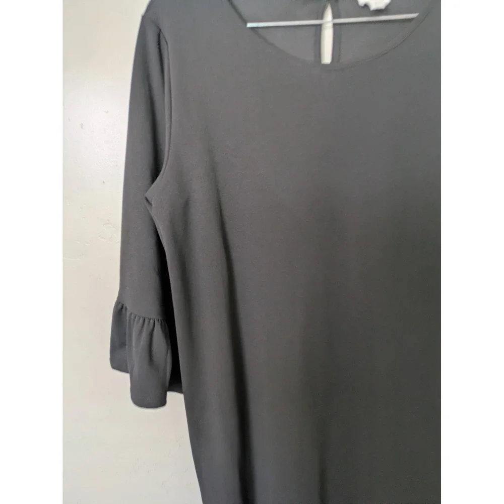 Emberley Shift Dress Women's XL Black Ruffle Bell Sleeve Round Neck Stretch‎